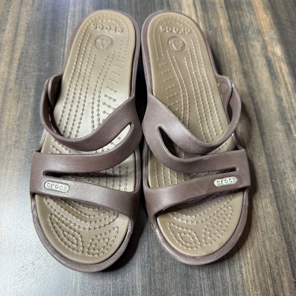 Crocs Patricia Wedge Sandals Womens Size 7 Brown Tan Strappy Comfort Slides